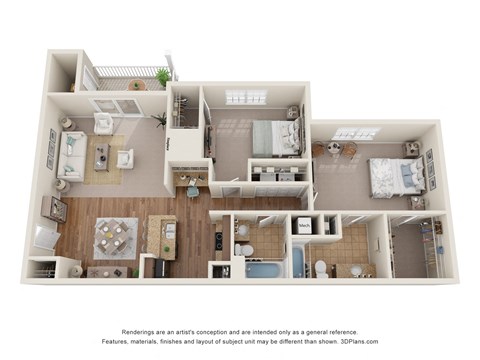3D Floor Plan of a 2-bedroom apartment with 2 bathrooms at 10x Audubon Apartments in Daphne, AL